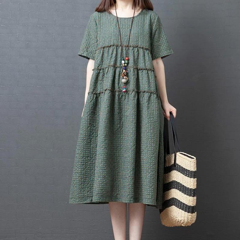 

Платье большого размера женское конопляное ретро повседневное средней длины с коротким рукавом свободного кроя M зелёный