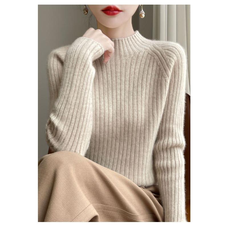 Autumn Winter Women Knitwear Slim Fit Semi High Neck Pure Color Loose Short Knitted Sweater Base Layer