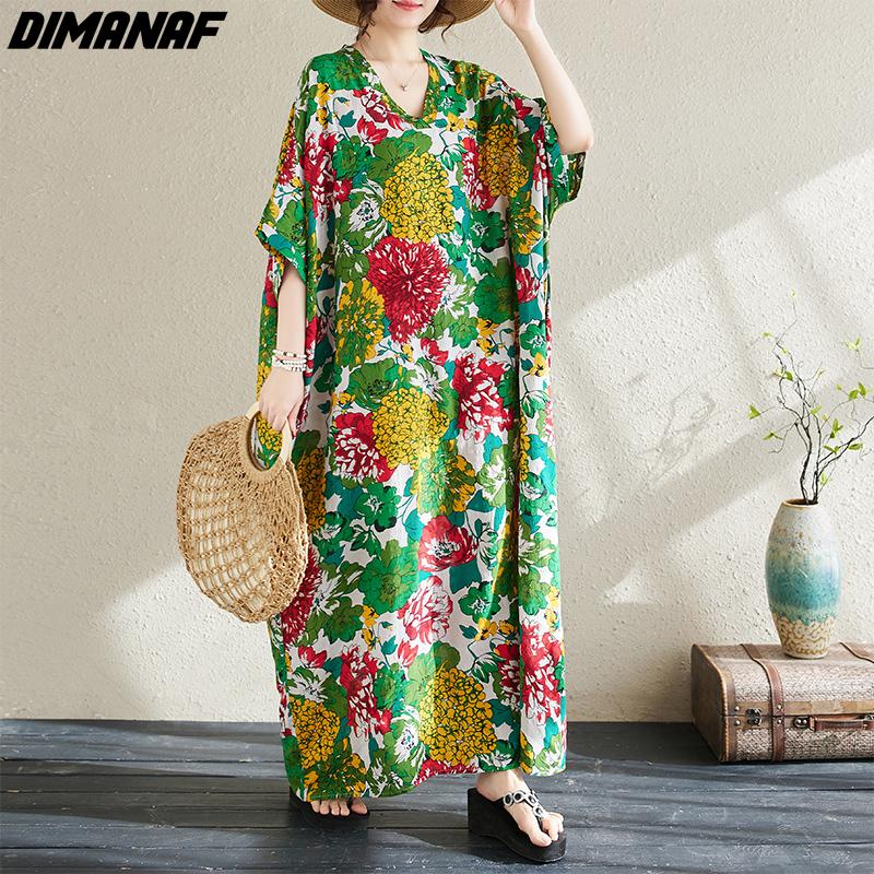 DIMANAF 2024 Übergröße Sommer Langes Kleid Strand Damen V-Ausschnitt Blumendruck Urlaub Lässig Weiche Baumwolle Lockere Maxikleider