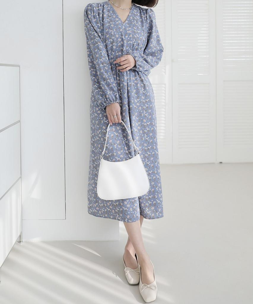 Ppaeppae Shoulder Shirred V-Neck Floral Long Dress