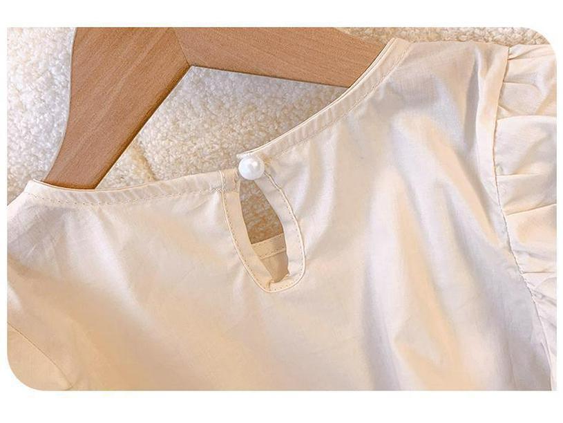2024 Summer Girls' Stylish Casual Two-Piece: Bubble Sleeve Top & Suspender Dress