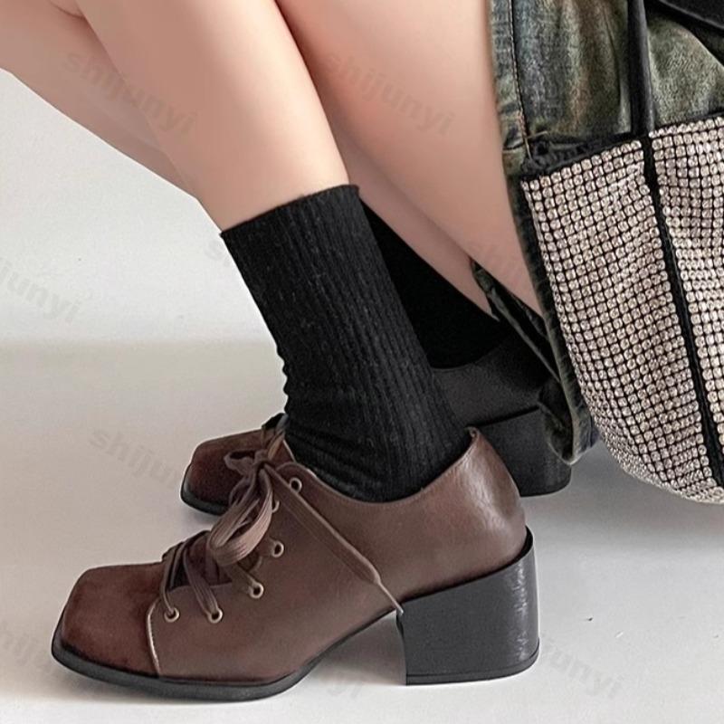 Spring  New Niche Thick Heigh Heeled Retro Designed Women's Korean Version Lace Up Square Toe Fashion Splicing Single Shoes