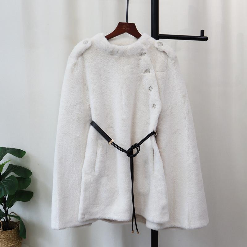 Thickened Fur Integrated Medium and Long Cape Coat Autumn and Winter New Belt Shawl Coat Women