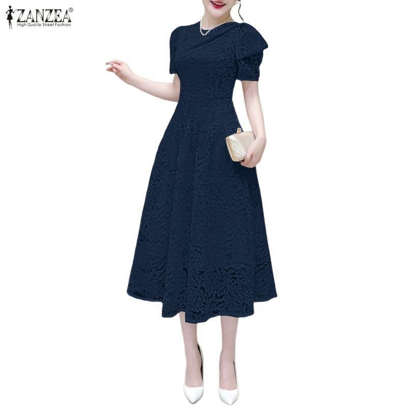 ZANZEA Women Round Neck Short Sleeve Lace Patchwork Long Dress