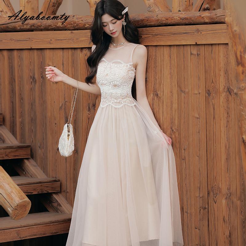 Fairycore Summer Women Midi Sweet Sundress O Neck Lace Patchwork Mesh Romantic Tank Dress Sleeveless Elegant Feminine Ladies' Dress