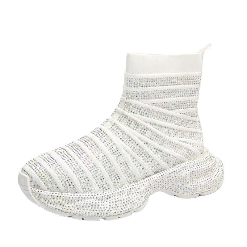

Модные Роскошные Вязаные Сапоги на Толстой Подошве с Полной Отделкой Бриллиантами, Модные Женские Дизайнерские Сапоги-Ботфорты, Высококачественные Нескользящие Женские Кроссовки 35 белый