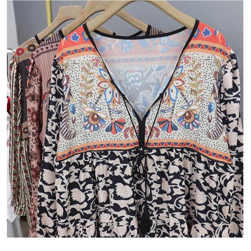 Dovolená Bohémský potisk Dlouhé šaty Jaro Podzim Retro Volné oblečení Elegantní Dlouhý rukáv Výstřih do V Šněrování Květinové Etnický styl Šaty
