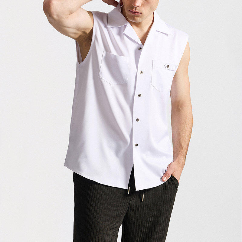 Men's Sleeveless White Shirt Summer Casual Breathable Collared Top Double Pocket Male Blouse