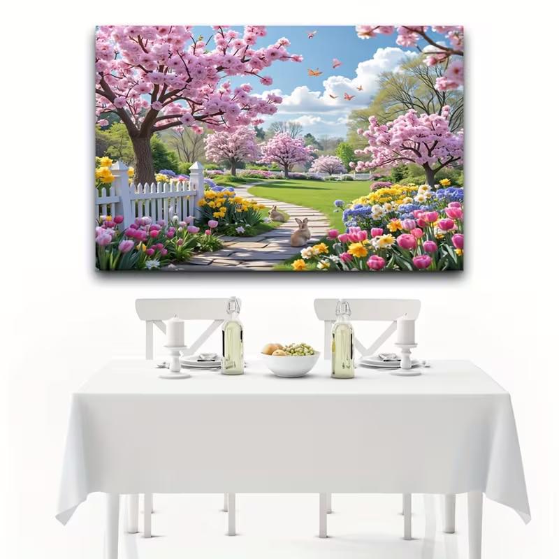2D Spring Cherry Blossom Backdrop, Easter Garden Photo Background