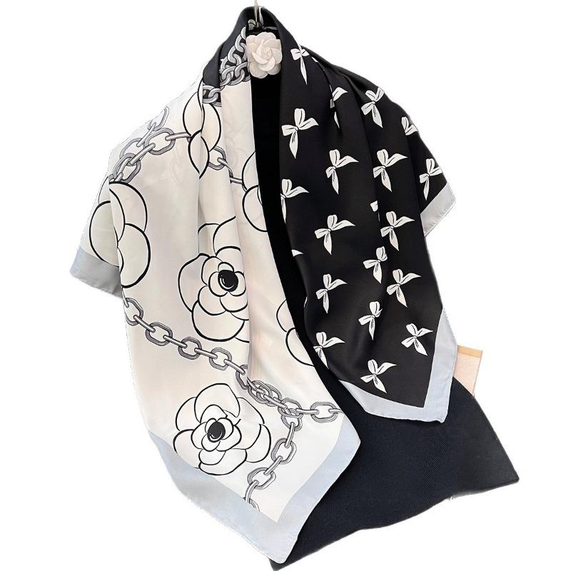 Korean Fashion Vintage Elegant Camellia Printed Square Scarf For Women