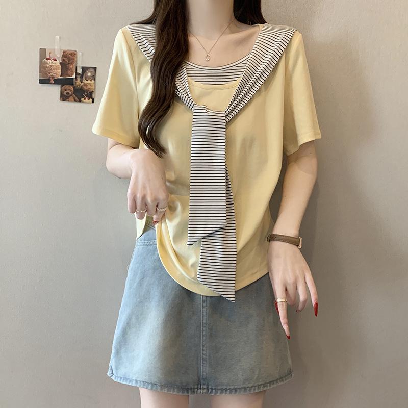 2026 Summer Plus Size Women s Striped Patchwork Shawl Short-Sleeve Top 2XL
