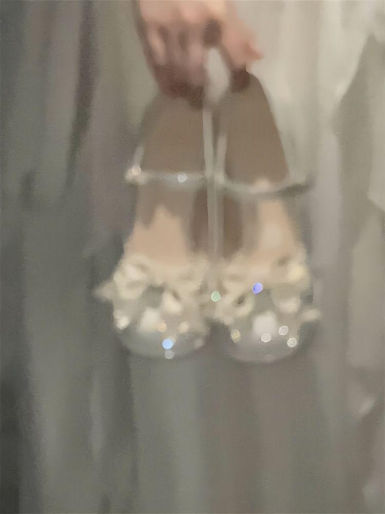Xiaoxiangfeng Retro Women's Shoes Daughter Gold Bow High Heels Princess Feng Shui Diamond Thick Heel Mary Jane Single Shoes Women