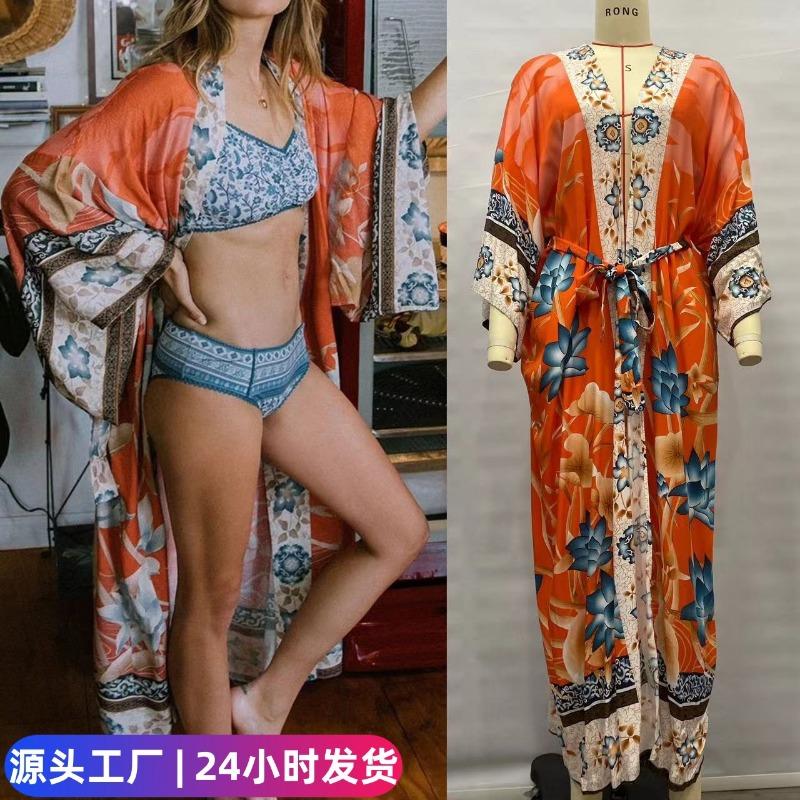 Women Floral Print Kimono Cover Up Boho Long Sleeve Sheer Beach Kimono with Belt