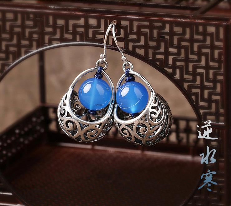 GEMCHIC Women s Vintage Chinese Style Blue Agate Earrings Silver Plated Hollow Filigree Drop Dangle Jewelry