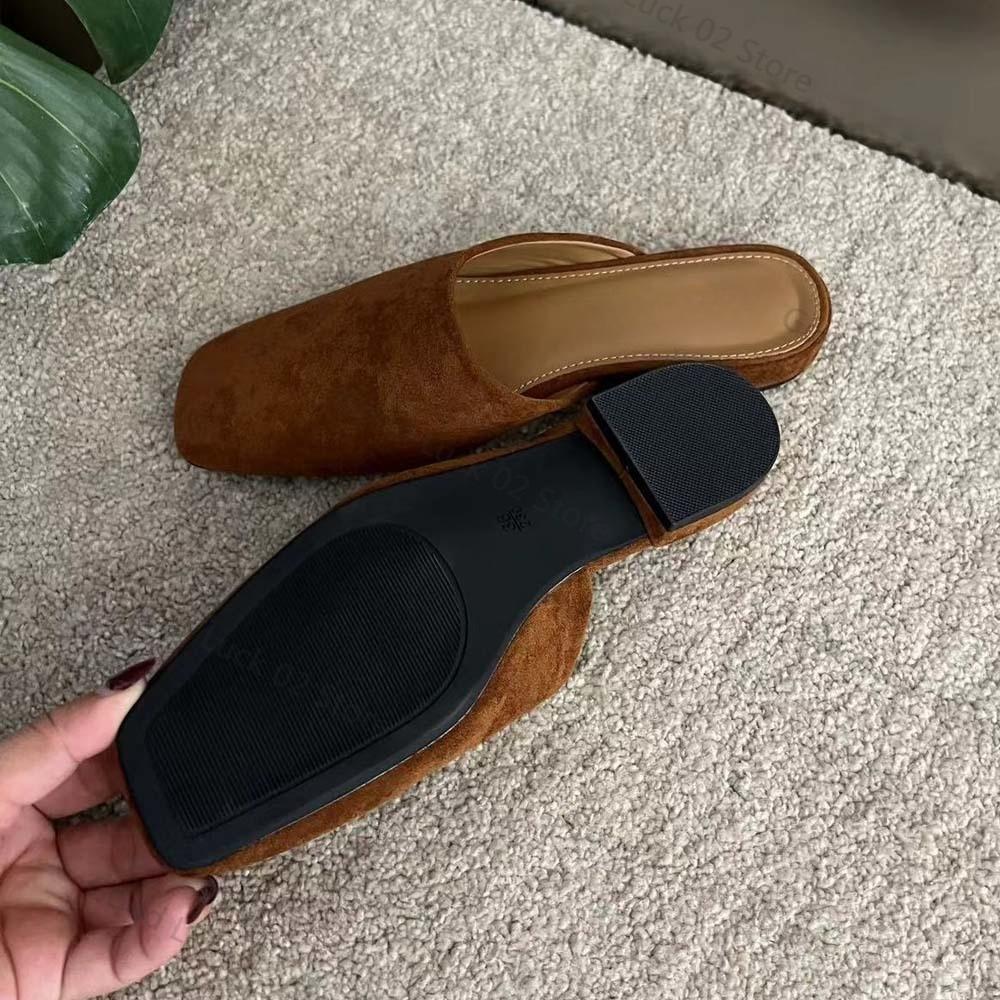 Fashion 2025 New Summer Suede Low Heels Slippers Women Square Toe Leather Casual Slippers Female Daily Walk Slippers Mules Sandals