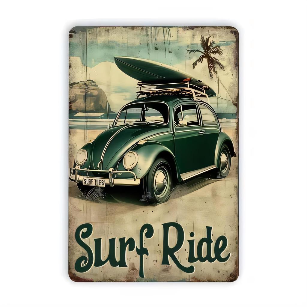 Surf Ride Tin Sign Retro Vintage Car Beach Waves Poster Metal Wall Decor for Garage Bar Man Cave Surf Theme Home Artwork Gift