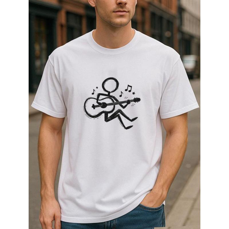 European sizes Simple Sketch Guitar Playing Figure Casual Artistic Style Solid Color Printed T-shirt, Comfortable and Breathable Casual Sports Top