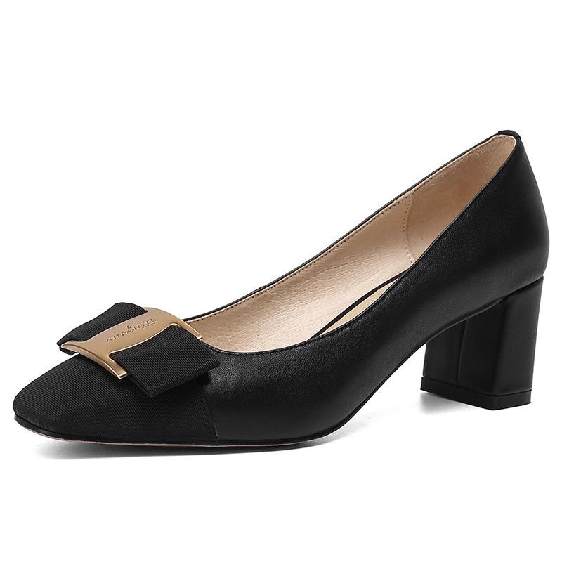 

Katya Xiaoxiangfeng квадратная головка металлическая пряжка цветные одинарные туфли бант темперамент высокие каблуки толстый каблук профессиональный 39 чёрный