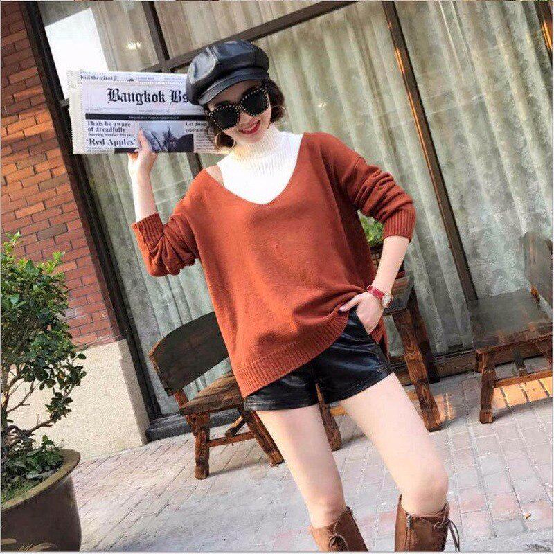 Two-piece Straight Half-high Collar Bottoming Sweater Female Commuter V-neck Loose Long Sleeve Sweater Sweater Women Sets Spring