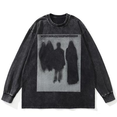 Streetwear Shadows Graphic Washed Black T-Shirt Cotton Unisex Plus Size Long Sleeves T Shirt