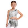 Children’s Sparkly Metallic Fringe Asymmetric Top and Stretchy Waist Shorts Set for Jazz Dance Stage Show Theme Party