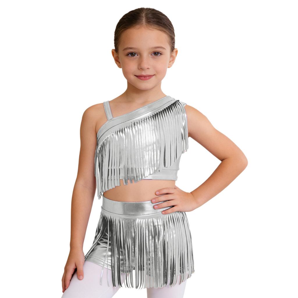 Children’s Sparkly Metallic Fringe Asymmetric Top and Stretchy Waist Shorts Set for Jazz Dance Stage Show Theme Party