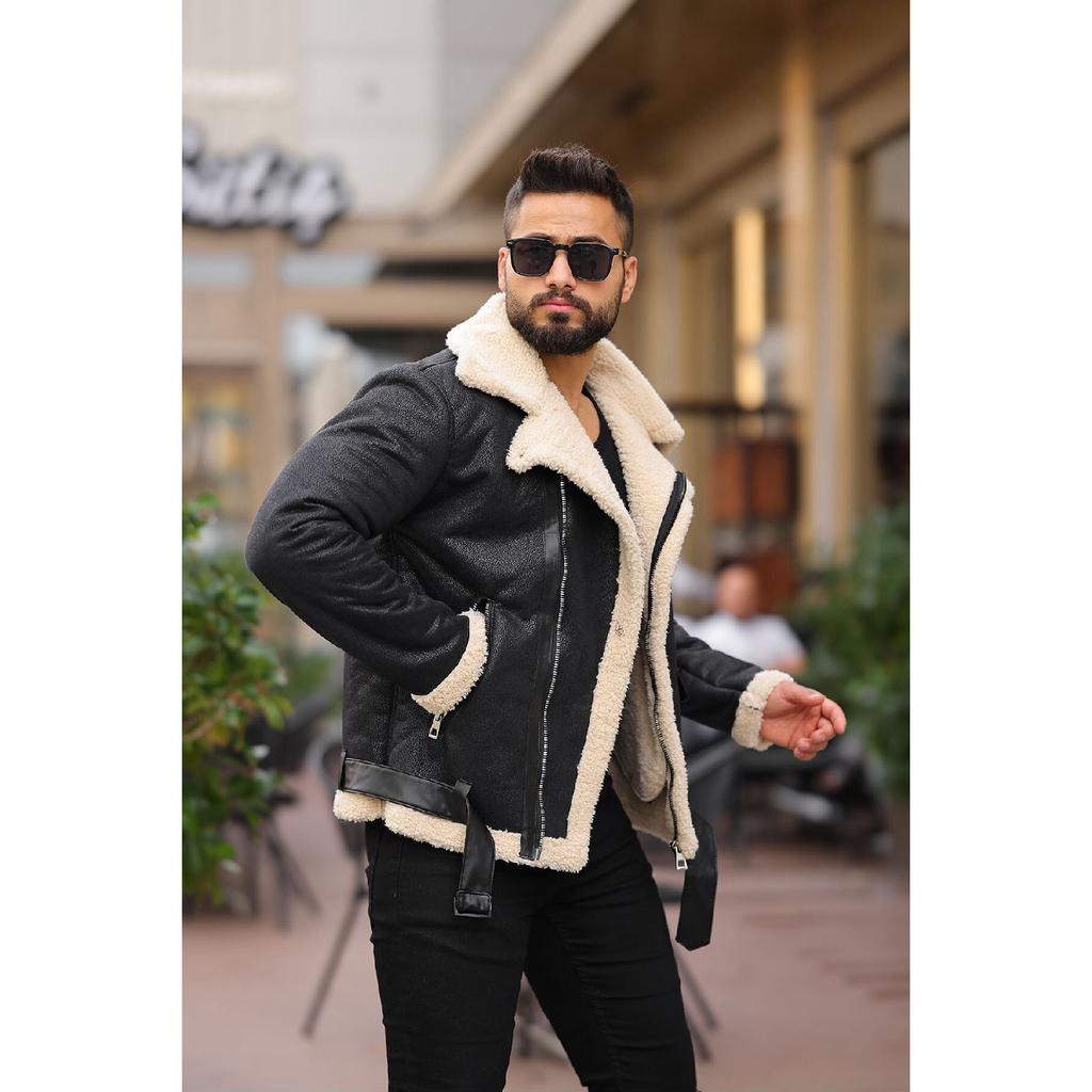 Laminated Leather Double-breasted Coat With Complete Fur Inside