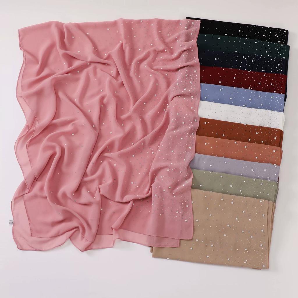Diamond Pearl Chiffon Hijabs For Women Muslim Fashion Long Shawl Head Wrap For Women Turbans For Women Ramadan Turban Femme