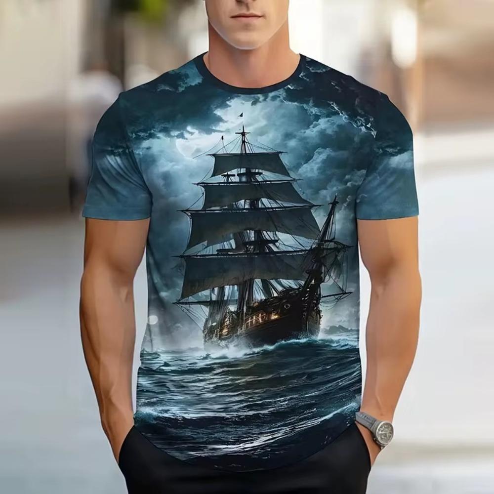 Men'S 3D Sailing Ship Moonlit Ocean Summer T-Shirt Regular Fit Suitable for Daily Y2k