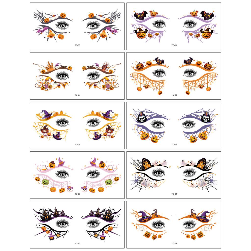 10 Pairs Halloween Eye Stickers Sweatproof Halloween Face Tattoo Stickers Spider Bat Skull Women Masquerade Cosplay Party