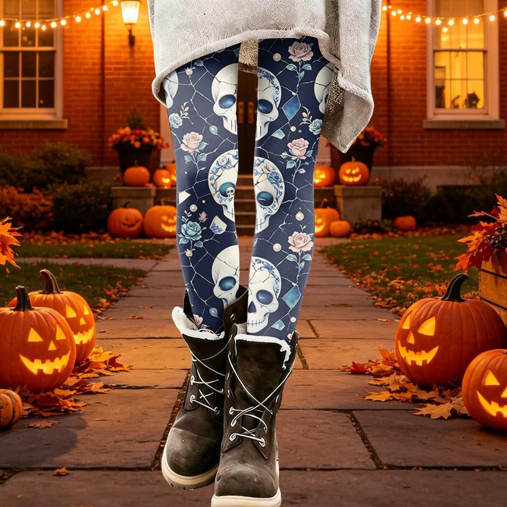 Women's Halloween Printed Stretchy Leggings Pants for Cozy Casual Home Wear