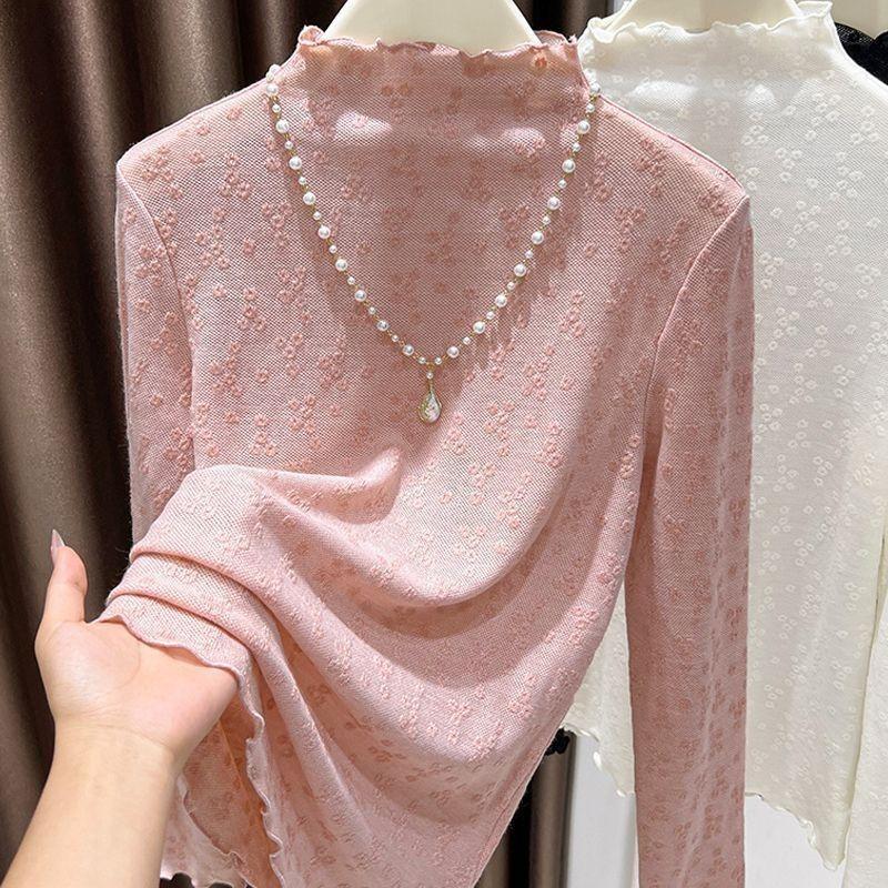 Elegant and Exquisite Jacquard Lace Bottoming Shirt for Women Elegant Suspender Skirt and Half Turtleneck Top with Earrings