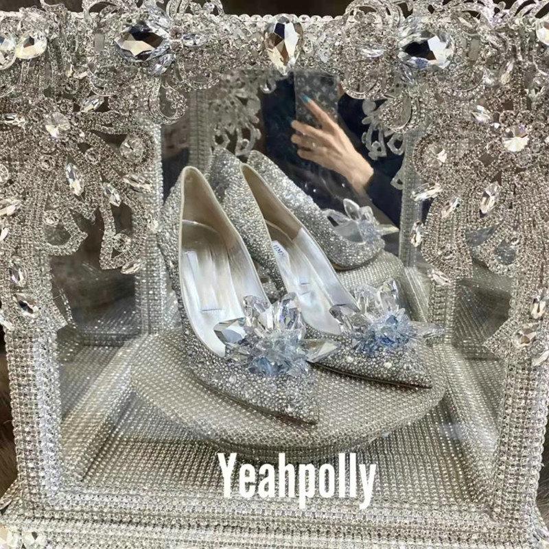 Grey Women's Crystal Wedding Shoes High Heels 2025Autumn New Silver All Diamond Bridal Shoes Water Diamond French Single Shoes