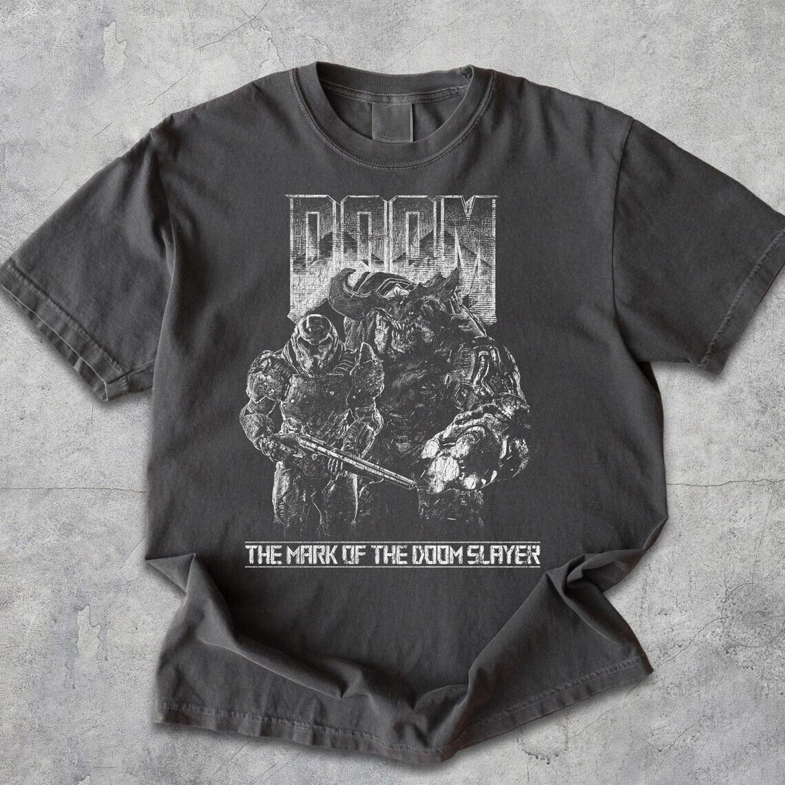Футболка DOOM Slayer, Потертая футболка по игре Demon Slayer, Фан-одежда с изображением Адского Пламени 4XL