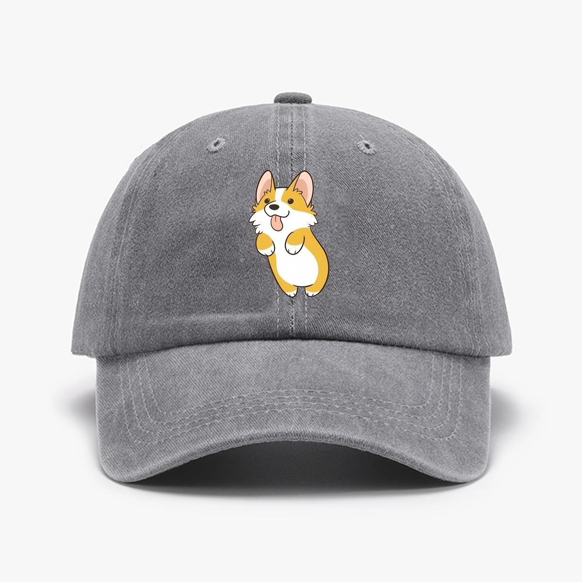

Corgi Dog Face Cartoon Baseball Cap Unisex Washed Polyester Adjustable Outdoor Casual Hat One Size сірий