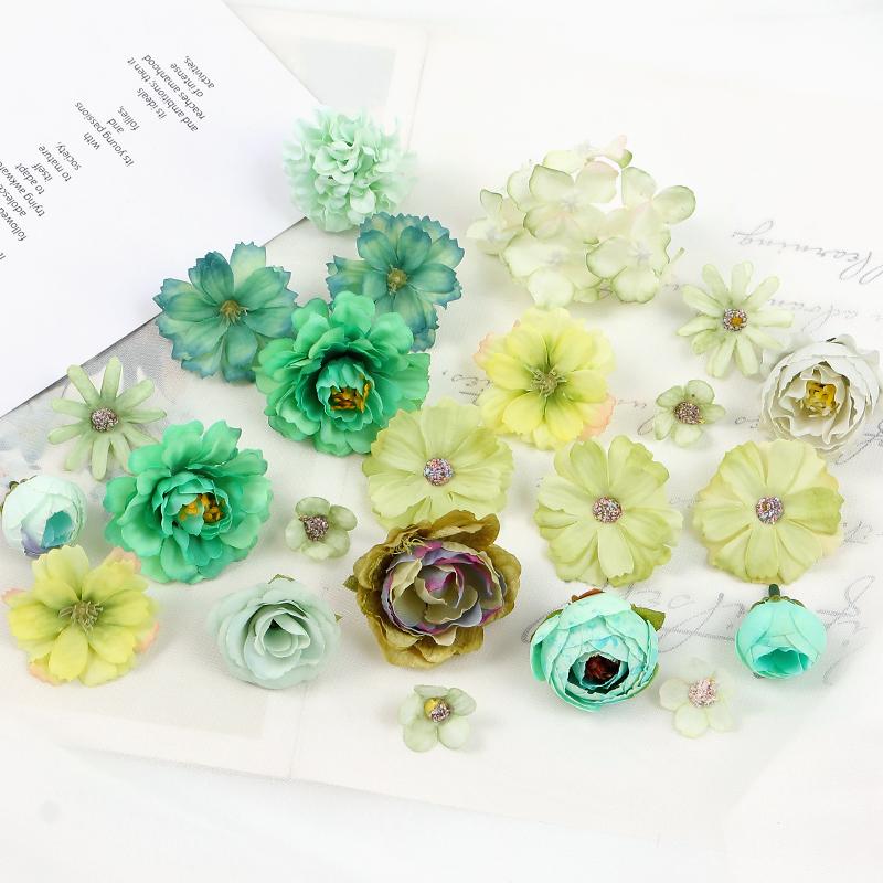 Green Rose Artificial Flowers Heads Silk Fake Flower for Home Room Decor Marriage Wedding Decora DIY Craft Wreath Gift Accessory