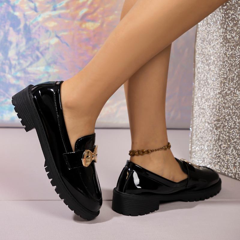 Fashion Women's Fashion Thick Heel Loafers Spring New Round Head Deep Bow Soft Sole Anti-slip Wear-resistant Single Shoes