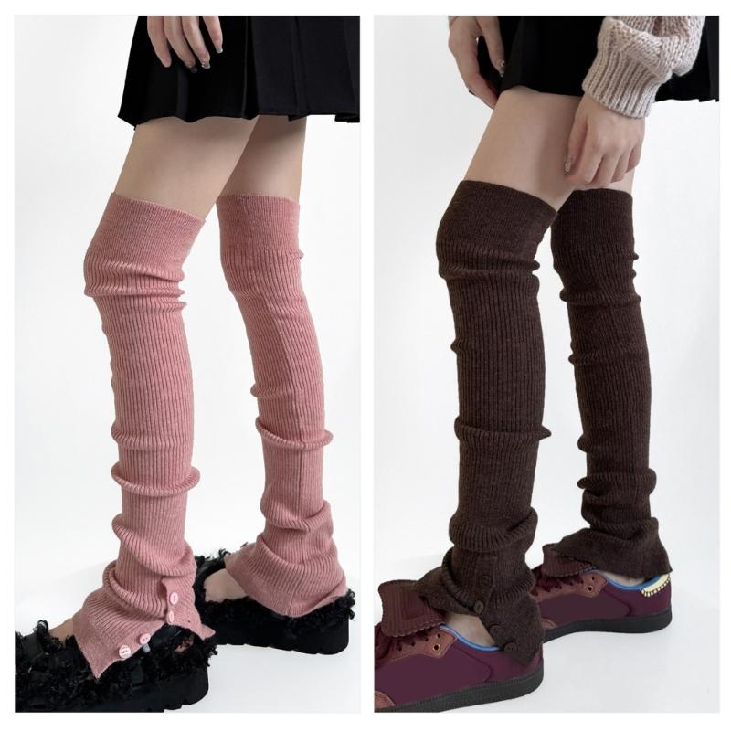 Japanese Ballet Styles Thigh High Leg Warmer Ribbed Knitted Split Buttons Over Knee Footless Socks for Fashionable Women