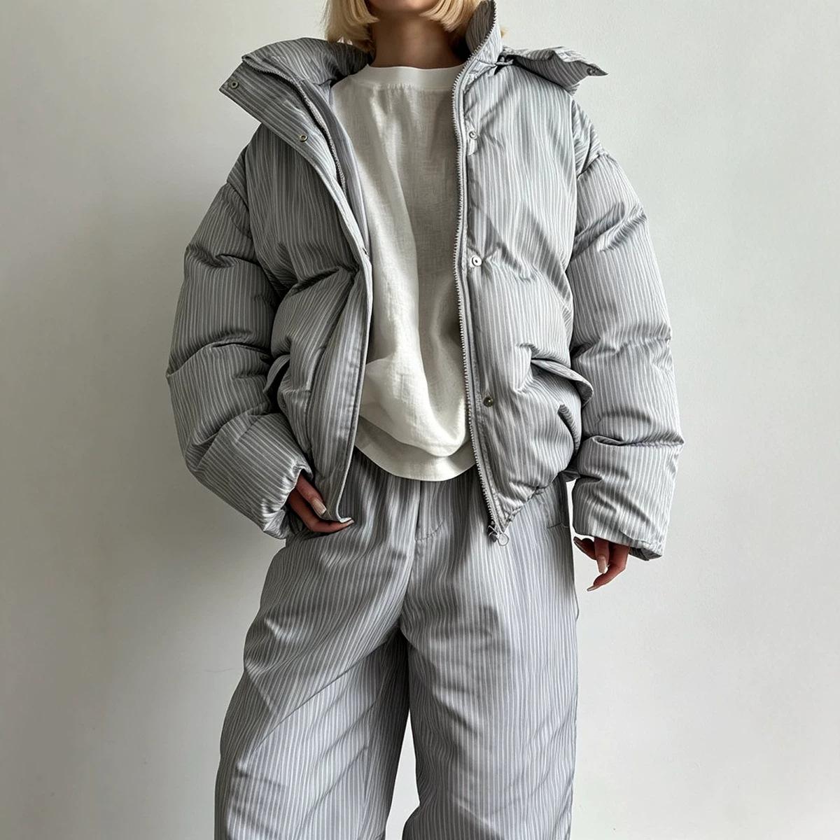 Women Loose Drawstring Striped Warm Thick