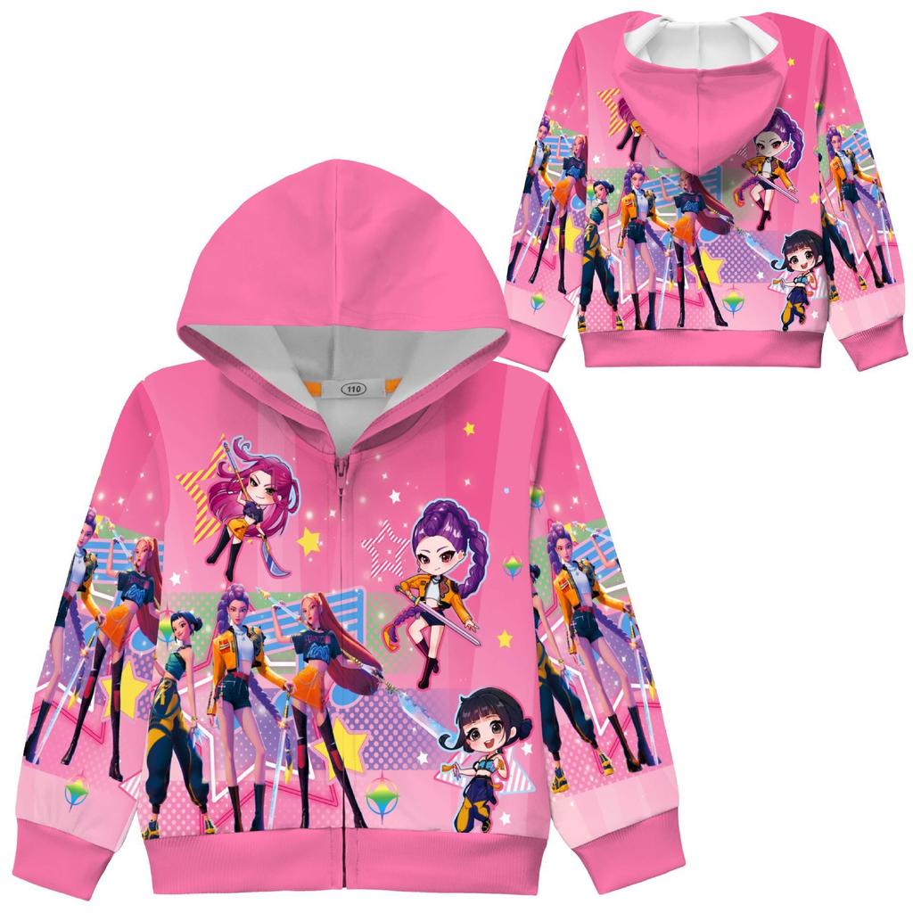 Kids Girls POP Singer Rumi Zoey Mira Printed Casual Hooded Zipper Long Sleeves Jacket Coat Clothes Sale