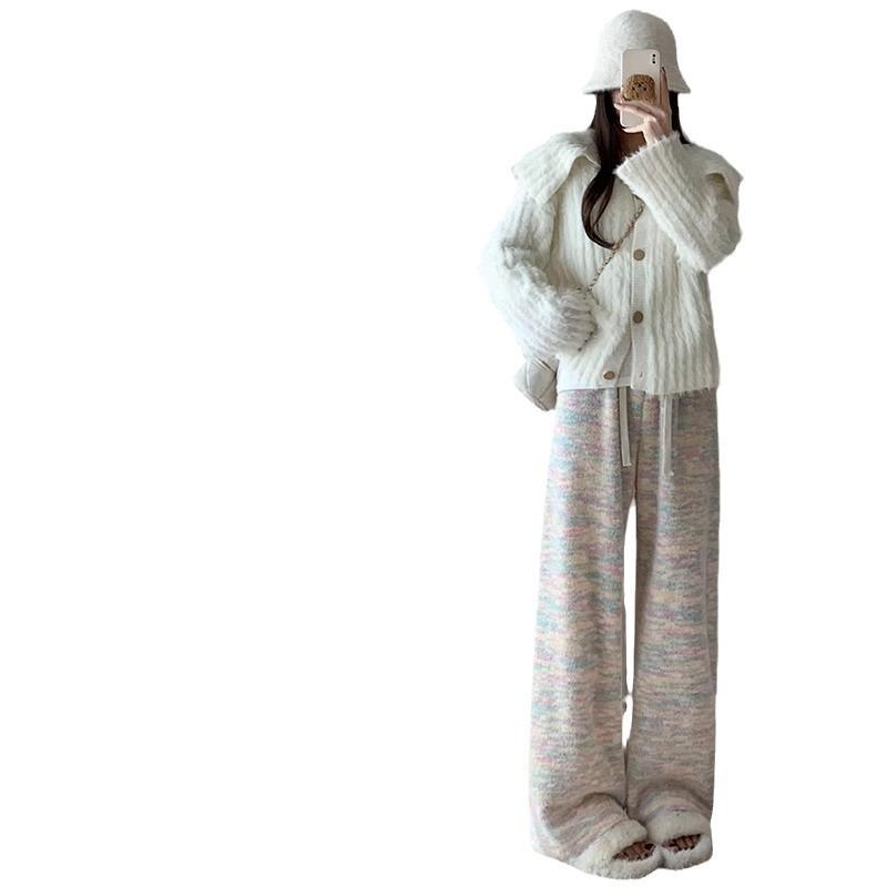 Women's Rainbow Bubble High Waist Fleece-Lined Pants - Autumn Winter 2024, Lazy Style, Drapey, Cotton, 145 Petite