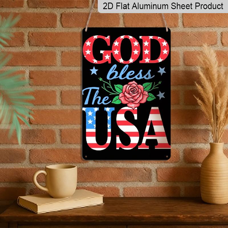 2D Flat, Decorative Sign & Plaque, Metal Sign, Retro Sign for Wall Decor, Funny Signs, 'God Bless The USA' Patriotic Wall Art Plaque with American