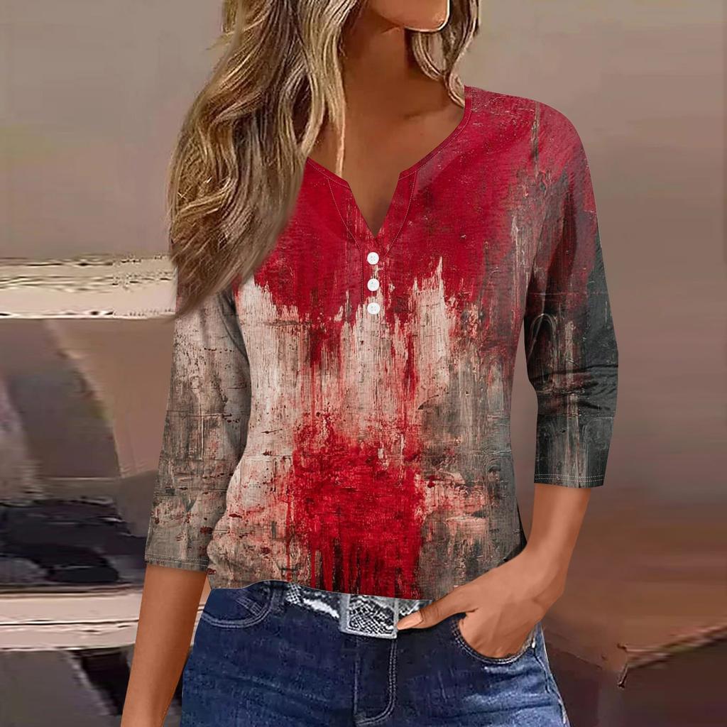 Women's Fashion Casual Halloween Printed V.Neck Short Sleeve Decorative Button Three.quarter Sleeve T-shirt Tor