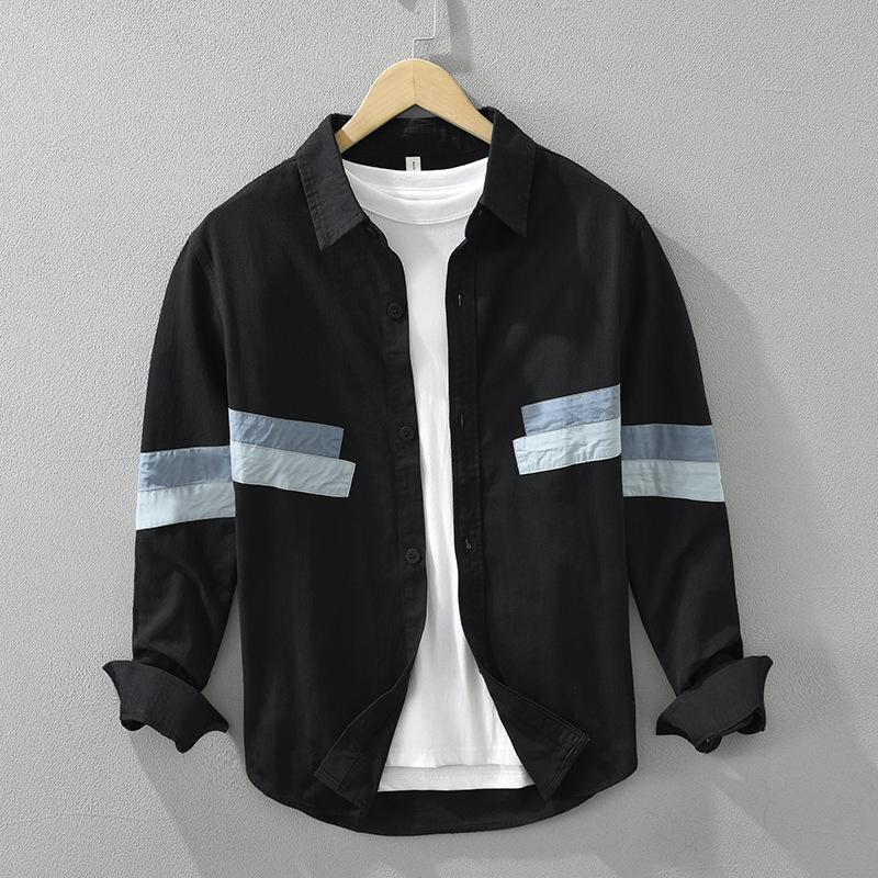 

Korean Fashion Stitching Shirts for Men Commuter Casual Tops Youth New Designer Long Sleeve Shirt 100 Cotton Men Clothing XXXL чорний