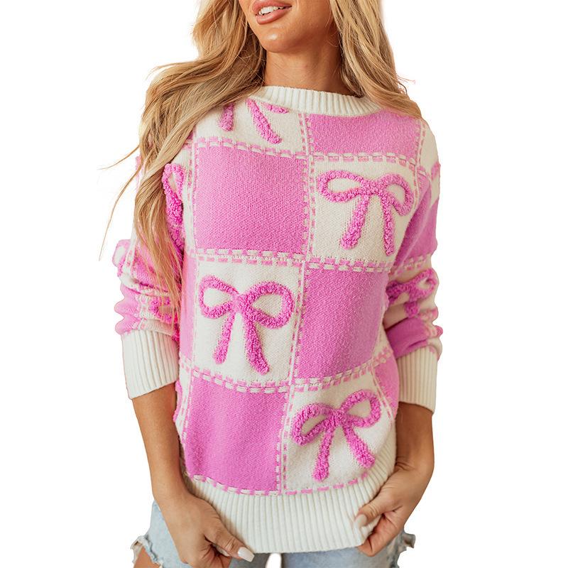 2025 Winter Women's Bow Color Block Round Neck Knitwear Sweater