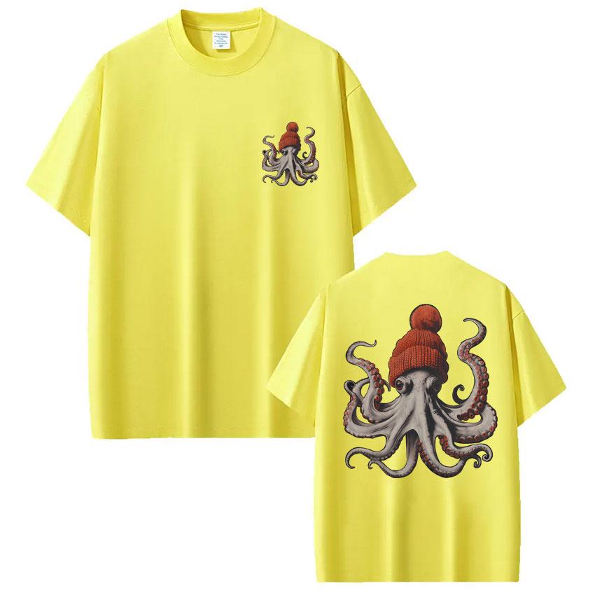 Octopus Wearing Beanie Vintage Style Graphic T Shirt Men Women Fashion Funny 90s Short Sleeve Oversized Cotton T-shirts