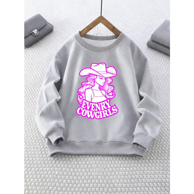 Girl's Round Neck Sweatshirt with Cartoon Cowgirl Print Long Sleeve Top, Ideal for Weekend Outings and Outdoor Wear