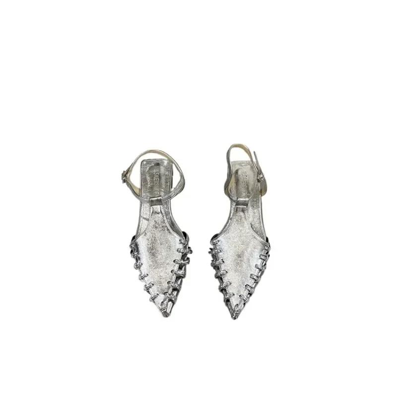 Fashion Ladies Shoes 2025 Closed Toe Luxury Women's Sandals Fashion Dress Women Low Heel Buckle Strap Pointed Toe Hollow Summer Footwear