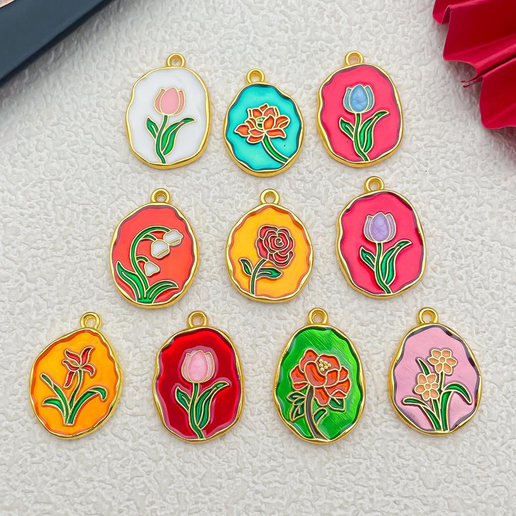 Ancient Gold Enamel Oil Drop Pendant Tulip Rose Lily Diy Bracelet Necklace Jewelry Accessories