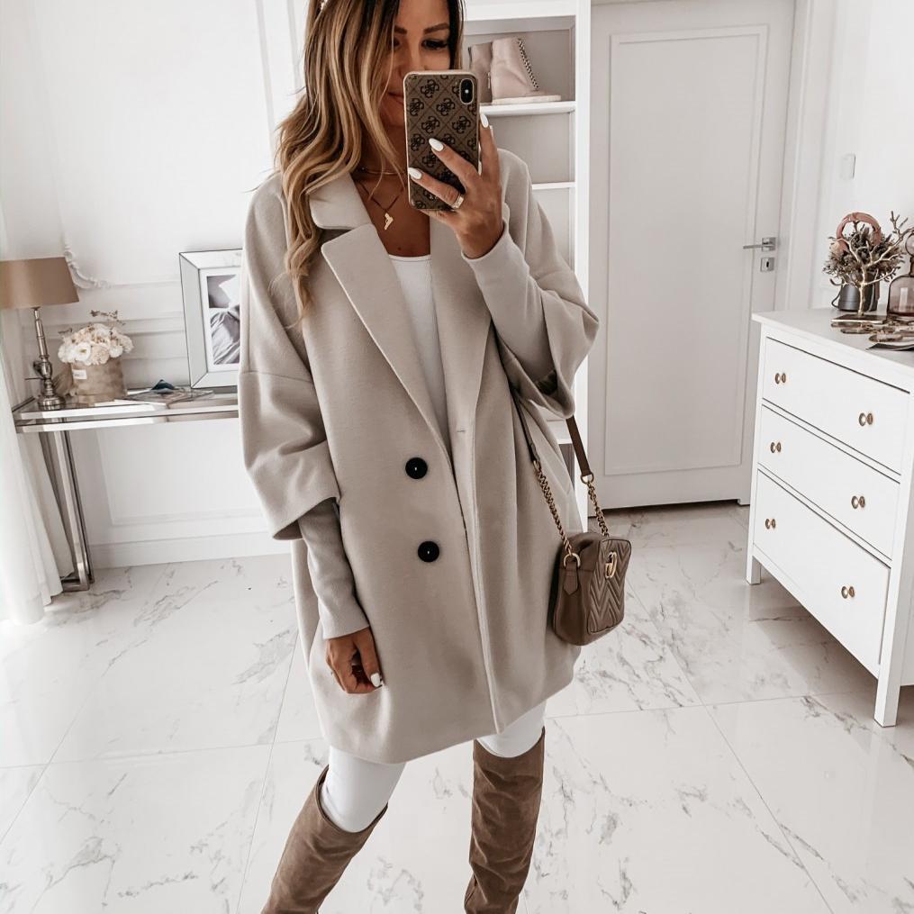 Einfarbiger, lockerer, lässiger Strickjackenmantel mit Siebenviertelärmeln und Revers für Damen